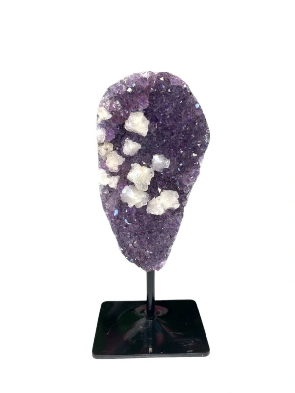 DEEP PURPLE AMETHYST WITH CALCITE ON STAND FROM BRAZIL