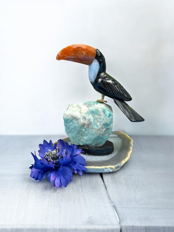 BEAUTIFUL CARVED TOUCAN ON RAW AMAZONITE BASE